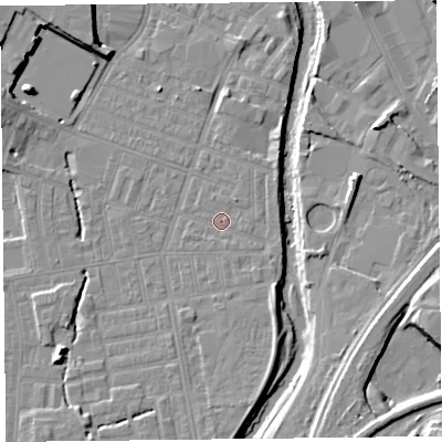 Shaded relief map of the ground around CA25HA, computed from Environment Agency LiDAR. The ground here sits at about 17 m above sea level and falls 12 m across the surrounding 800 m. Surface water reaching this point runs off ground lying to the east-south-east, 0.7 m higher.