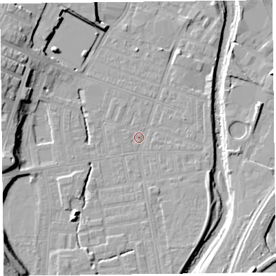 Shaded relief map of the ground around CA25HB, computed from Environment Agency LiDAR. The ground here sits at about 16 m above sea level and falls 15 m across the surrounding 800 m. Surface water reaching this point runs off ground lying to the south-south-east, 2.9 m higher.