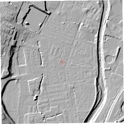 Shaded relief map of the ground around CA25HD, computed from Environment Agency LiDAR. The ground here sits at about 16 m above sea level and falls 16 m across the surrounding 800 m. Surface water reaching this point runs off ground lying to the west-south-west, 0.8 m higher.