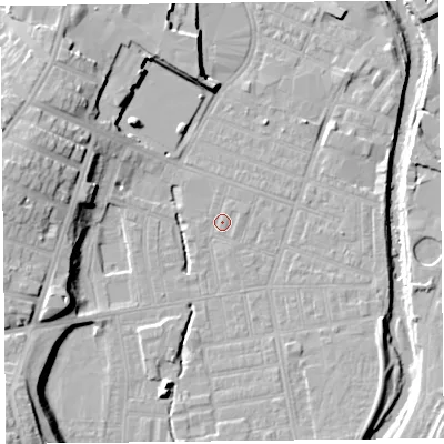 Shaded relief map of the ground around CA25HE, computed from Environment Agency LiDAR. The ground here sits at about 17 m above sea level and falls 19 m across the surrounding 800 m. Surface water reaching this point runs off ground lying to the south-south-west, 3.7 m higher.