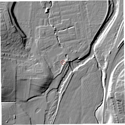 Shaded relief map of the ground around CA25HF, computed from Environment Agency LiDAR. The ground here sits at about 19 m above sea level and falls 20 m across the surrounding 800 m. Surface water reaching this point runs off ground lying to the east-north-east, 2.2 m higher.