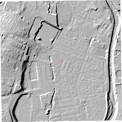 Shaded relief map of the ground around CA25HH, computed from Environment Agency LiDAR. The ground here sits at about 16 m above sea level and falls 19 m across the surrounding 800 m. Surface water reaching this point runs off ground lying to the south-south-west, 3.7 m higher.