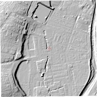 Shaded relief map of the ground around CA25HJ, computed from Environment Agency LiDAR. The ground here sits at about 17 m above sea level and falls 19 m across the surrounding 800 m. Surface water reaching this point runs off ground lying to the south-west, 17.1 m higher.