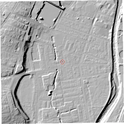 Shaded relief map of the ground around CA25HN, computed from Environment Agency LiDAR. The ground here sits at about 17 m above sea level and falls 19 m across the surrounding 800 m. Surface water reaching this point runs off ground lying to the south-west, 15.5 m higher.