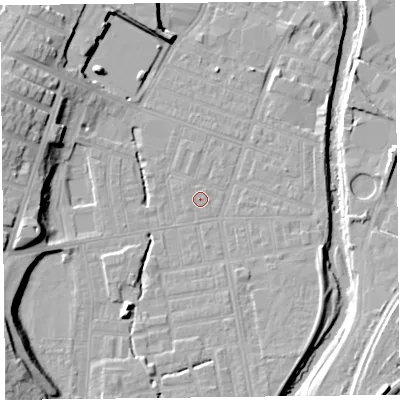 Shaded relief map of the ground around CA25HP, computed from Environment Agency LiDAR. The ground here sits at about 17 m above sea level and falls 17 m across the surrounding 800 m. Surface water reaching this point runs off ground lying to the south-west, 0.5 m higher.