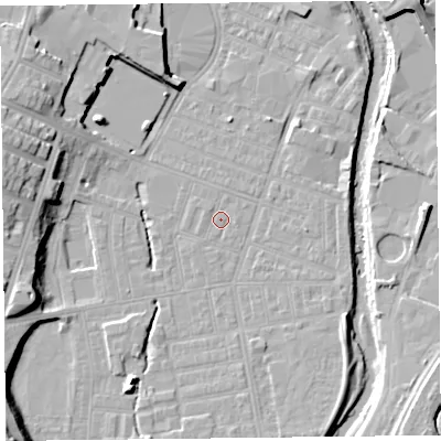 Shaded relief map of the ground around CA25HQ, computed from Environment Agency LiDAR. The ground here sits at about 16 m above sea level and falls 16 m across the surrounding 800 m. Surface water reaching this point runs off ground lying to the south-south-east, 0.5 m higher.