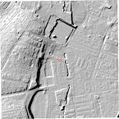 Shaded relief map of the ground around CA25HS, computed from Environment Agency LiDAR. The ground here sits at about 17 m above sea level and falls 18 m across the surrounding 800 m. Surface water reaching this point runs off ground lying to the south-west, 17.2 m higher.