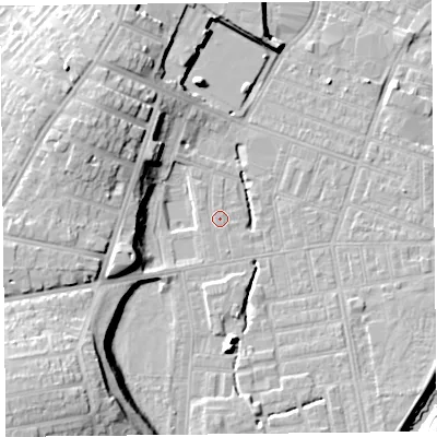 Shaded relief map of the ground around CA25HT, computed from Environment Agency LiDAR. The ground here sits at about 17 m above sea level and falls 18 m across the surrounding 800 m. The ground contributing surface water to this point lies to the south.
