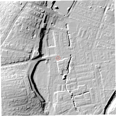 Shaded relief map of the ground around CA25HU, computed from Environment Agency LiDAR. The ground here sits at about 17 m above sea level and falls 19 m across the surrounding 800 m. Surface water reaching this point runs off ground lying to the south-west, 17.4 m higher.