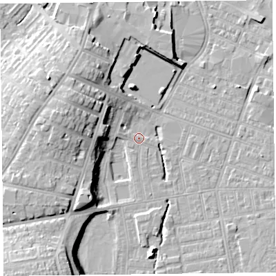 Shaded relief map of the ground around CA25HW, computed from Environment Agency LiDAR. The ground here sits at about 17 m above sea level and falls 18 m across the surrounding 800 m. Surface water reaching this point runs off ground lying to the south-west, 17.2 m higher.