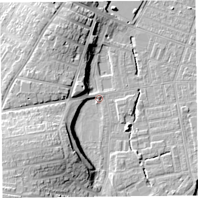 Shaded relief map of the ground around CA25HY, computed from Environment Agency LiDAR. The ground here sits at about 18 m above sea level and falls 20 m across the surrounding 800 m. Surface water reaching this point runs off ground lying to the south-west, 15.9 m higher.