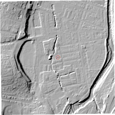 Shaded relief map of the ground around CA25HZ, computed from Environment Agency LiDAR. The ground here sits at about 18 m above sea level and falls 22 m across the surrounding 800 m. Surface water reaching this point runs off ground lying to the south-south-west, 0.8 m higher.