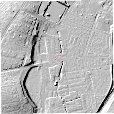 Shaded relief map of the ground around CA25JA, computed from Environment Agency LiDAR. The ground here sits at about 17 m above sea level and falls 18 m across the surrounding 800 m. The ground contributing surface water to this point lies to the west.