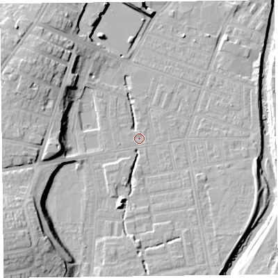 Shaded relief map of the ground around CA25JD, computed from Environment Agency LiDAR. The ground here sits at about 17 m above sea level and falls 19 m across the surrounding 800 m. Surface water reaching this point runs off ground lying to the south-west, 15.8 m higher.