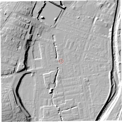 Shaded relief map of the ground around CA25JE, computed from Environment Agency LiDAR. The ground here sits at about 17 m above sea level and falls 19 m across the surrounding 800 m. Surface water reaching this point runs off ground lying to the south-west, 15.5 m higher.