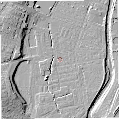 Shaded relief map of the ground around CA25JF, computed from Environment Agency LiDAR. The ground here sits at about 17 m above sea level and falls 19 m across the surrounding 800 m. Surface water reaching this point runs off ground lying to the south, 3.1 m higher.