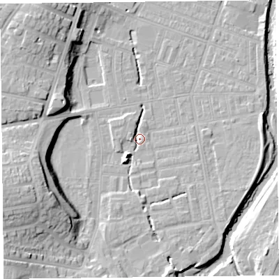 Shaded relief map of the ground around CA25JG, computed from Environment Agency LiDAR. The ground here sits at about 17 m above sea level and falls 20 m across the surrounding 800 m. Surface water reaching this point runs off ground lying to the south, 0.9 m higher.