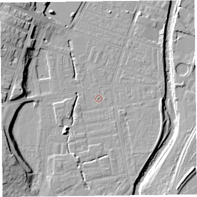 Shaded relief map of the ground around CA25JH, computed from Environment Agency LiDAR. The ground here sits at about 17 m above sea level and falls 17 m across the surrounding 800 m. Surface water reaching this point runs off ground lying to the south-east, 1.2 m higher.