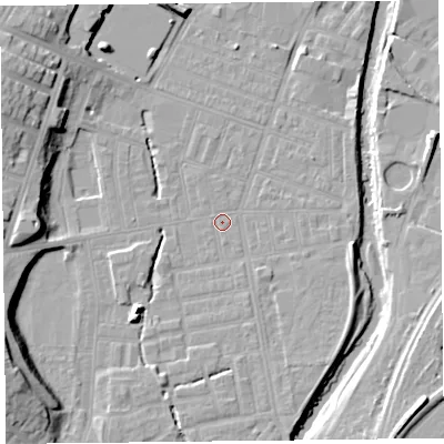 Shaded relief map of the ground around CA25JJ, computed from Environment Agency LiDAR. The ground here sits at about 17 m above sea level and falls 16 m across the surrounding 800 m. Surface water reaching this point runs off ground lying to the south-south-east, 1.4 m higher.