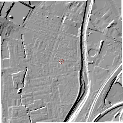 Shaded relief map of the ground around CA25JL, computed from Environment Agency LiDAR. The ground here sits at about 17 m above sea level and falls 13 m across the surrounding 800 m. Surface water reaching this point runs off ground lying to the south-south-east, 0.6 m higher.
