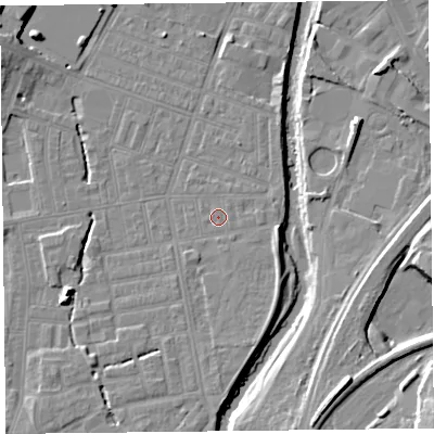 Shaded relief map of the ground around CA25JN, computed from Environment Agency LiDAR. The ground here sits at about 17 m above sea level and falls 13 m across the surrounding 800 m. Surface water reaching this point runs off ground lying to the south, 0.6 m higher.
