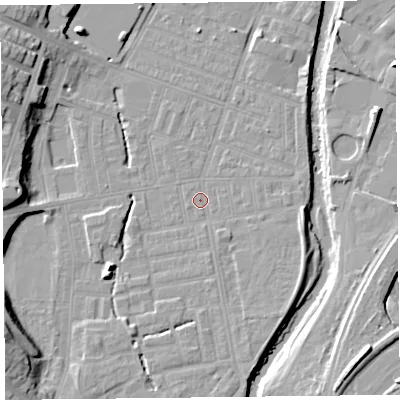 Shaded relief map of the ground around CA25JP, computed from Environment Agency LiDAR. The ground here sits at about 17 m above sea level and falls 15 m across the surrounding 800 m. Surface water reaching this point runs off ground lying to the south, 1.6 m higher.