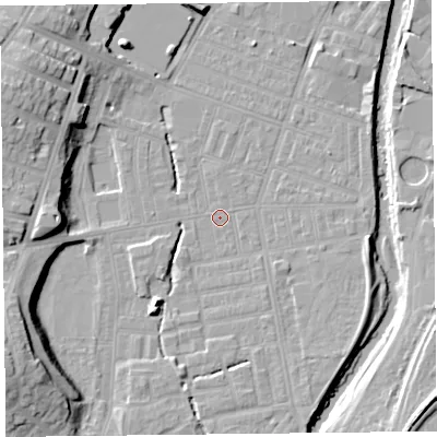 Shaded relief map of the ground around CA25JQ, computed from Environment Agency LiDAR. The ground here sits at about 17 m above sea level and falls 18 m across the surrounding 800 m. Surface water reaching this point runs off ground lying to the south-south-west, 4.6 m higher.