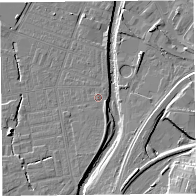 Shaded relief map of the ground around CA25JR, computed from Environment Agency LiDAR. The ground here sits at about 17 m above sea level and falls 17 m across the surrounding 800 m. Surface water reaching this point runs off ground lying to the east-south-east, 2.3 m higher.