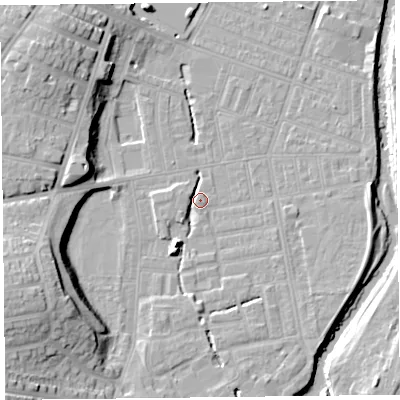 Shaded relief map of the ground around CA25JS, computed from Environment Agency LiDAR. The ground here sits at about 18 m above sea level and falls 19 m across the surrounding 800 m. Surface water reaching this point runs off ground lying to the south-west, 3.6 m higher.