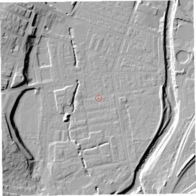Shaded relief map of the ground around CA25JT, computed from Environment Agency LiDAR. The ground here sits at about 17 m above sea level and falls 18 m across the surrounding 800 m. Surface water reaching this point runs off ground lying to the south-south-west, 5.4 m higher.