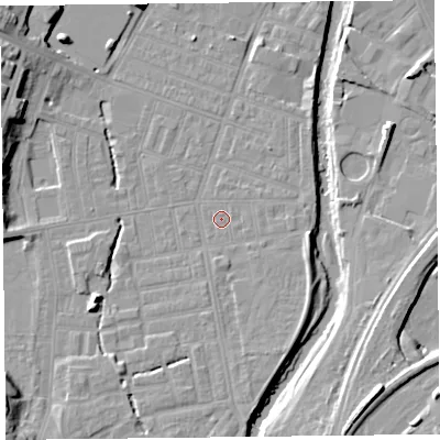 Shaded relief map of the ground around CA25JW, computed from Environment Agency LiDAR. The ground here sits at about 17 m above sea level and falls 12 m across the surrounding 800 m. Surface water reaching this point runs off ground lying to the south, 2.8 m higher.