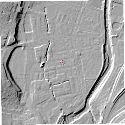 Shaded relief map of the ground around CA25JX, computed from Environment Agency LiDAR. The ground here sits at about 18 m above sea level and falls 18 m across the surrounding 800 m. Surface water reaching this point runs off ground lying to the east, 0.9 m higher.