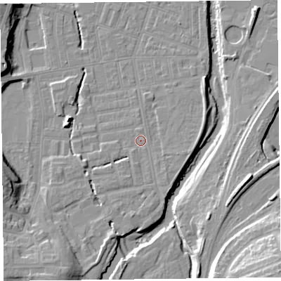 Shaded relief map of the ground around CA25JY, computed from Environment Agency LiDAR. The ground here sits at about 18 m above sea level and falls 20 m across the surrounding 800 m. Surface water reaching this point runs off ground lying to the south-south-west, 8.6 m higher.