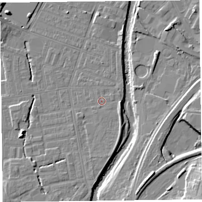Shaded relief map of the ground around CA25JZ, computed from Environment Agency LiDAR. The ground here sits at about 17 m above sea level and falls 16 m across the surrounding 800 m. Surface water reaching this point runs off ground lying to the south, 0.5 m higher.