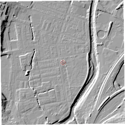 Shaded relief map of the ground around CA25LA, computed from Environment Agency LiDAR. The ground here sits at about 18 m above sea level and falls 14 m across the surrounding 800 m. Surface water reaching this point runs off ground lying to the south-south-west, 3.9 m higher.
