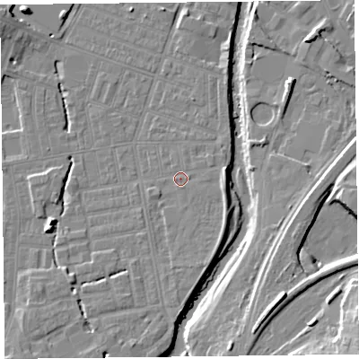 Shaded relief map of the ground around CA25LB, computed from Environment Agency LiDAR. The ground here sits at about 17 m above sea level and falls 15 m across the surrounding 800 m. Surface water reaching this point runs off ground lying to the south-south-west, 2.9 m higher.