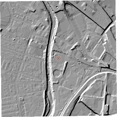 Shaded relief map of the ground around CA25LE, computed from Environment Agency LiDAR. The ground here sits at about 17 m above sea level and falls 16 m across the surrounding 800 m. The ground contributing surface water to this point lies to the north-north-west.