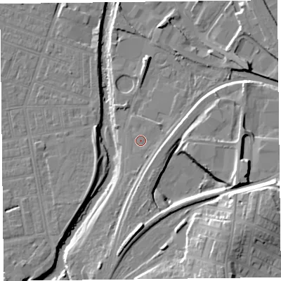 Shaded relief map of the ground around CA25LG, computed from Environment Agency LiDAR. The ground here sits at about 18 m above sea level and falls 19 m across the surrounding 800 m. Surface water reaching this point runs off ground lying to the south, 3.1 m higher.