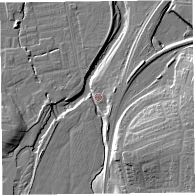 Shaded relief map of the ground around CA25LH, computed from Environment Agency LiDAR. The ground here sits at about 20 m above sea level and falls 22 m across the surrounding 800 m. Surface water reaching this point runs off ground lying to the south-south-east, 8.8 m higher.