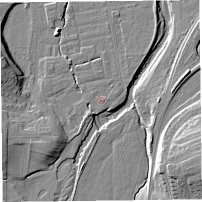 Shaded relief map of the ground around CA25LJ, computed from Environment Agency LiDAR. The ground here sits at about 19 m above sea level and falls 21 m across the surrounding 800 m. Surface water reaching this point runs off ground lying to the south-west, 3.5 m higher.