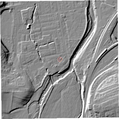 Shaded relief map of the ground around CA25LL, computed from Environment Agency LiDAR. The ground here sits at about 19 m above sea level and falls 21 m across the surrounding 800 m. Surface water reaching this point runs off ground lying to the south-west, 3.5 m higher.
