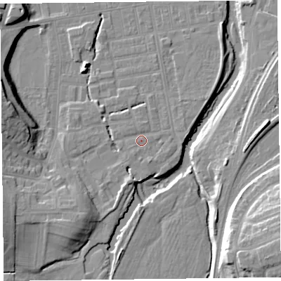 Shaded relief map of the ground around CA25LN, computed from Environment Agency LiDAR. The ground here sits at about 19 m above sea level and falls 21 m across the surrounding 800 m. Surface water reaching this point runs off ground lying to the south-west, 8.6 m higher.