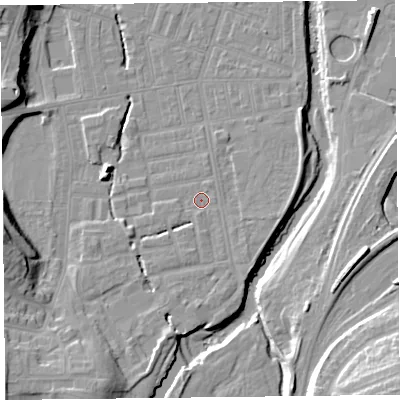 Shaded relief map of the ground around CA25LP, computed from Environment Agency LiDAR. The ground here sits at about 18 m above sea level and falls 20 m across the surrounding 800 m. Surface water reaching this point runs off ground lying to the south-south-west, 8.6 m higher.