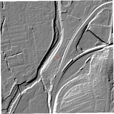 Shaded relief map of the ground around CA25LQ, computed from Environment Agency LiDAR. The ground here sits at about 19 m above sea level and falls 23 m across the surrounding 800 m. Surface water reaching this point runs off ground lying to the south, 1.8 m higher.