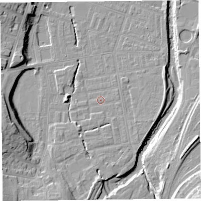 Shaded relief map of the ground around CA25LT, computed from Environment Agency LiDAR. The ground here sits at about 18 m above sea level and falls 17 m across the surrounding 800 m. Surface water reaching this point runs off ground lying to the south-south-west, 7.8 m higher.