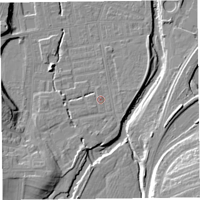 Shaded relief map of the ground around CA25LU, computed from Environment Agency LiDAR. The ground here sits at about 19 m above sea level and falls 22 m across the surrounding 800 m. Surface water reaching this point runs off ground lying to the south-west, 8.6 m higher.