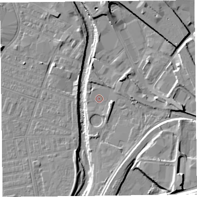 Shaded relief map of the ground around CA25LX, computed from Environment Agency LiDAR. The ground here sits at about 17 m above sea level and falls 19 m across the surrounding 800 m. Surface water reaching this point runs off ground lying to the south-east, 8.7 m higher.