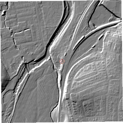 Shaded relief map of the ground around CA25LY, computed from Environment Agency LiDAR. The ground here sits at about 22 m above sea level and falls 23 m across the surrounding 800 m. Surface water reaching this point runs off ground lying to the south, 2.8 m higher.