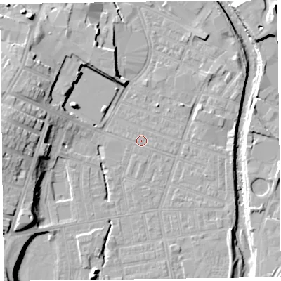 Shaded relief map of the ground around CA25NA, computed from Environment Agency LiDAR. The ground here sits at about 16 m above sea level and falls 16 m across the surrounding 800 m. Surface water reaching this point runs off ground lying to the south-south-west, 3.7 m higher.