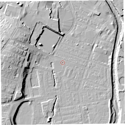 Shaded relief map of the ground around CA25NB, computed from Environment Agency LiDAR. The ground here sits at about 16 m above sea level and falls 18 m across the surrounding 800 m. Surface water reaching this point runs off ground lying to the south-south-west, 3.7 m higher.